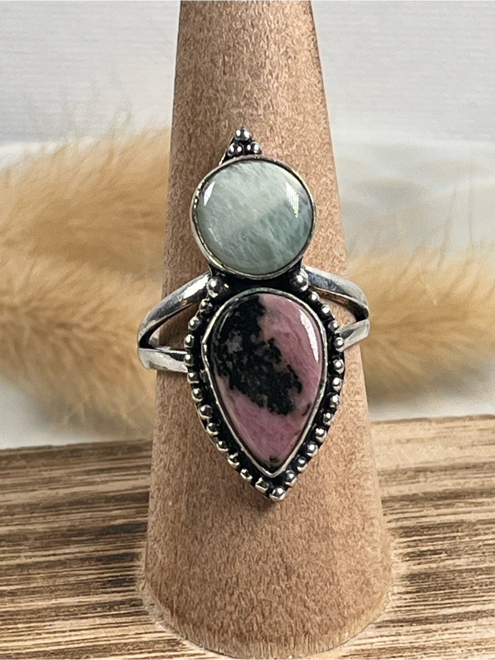 925 Sterling Silver Overlay Double Gemstone Amazonite Rhodonite Ring Size 9